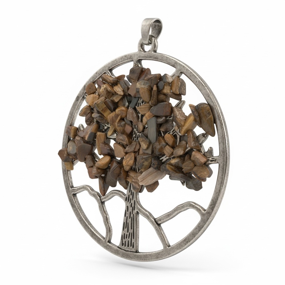 #356–Tree of Life Tigers Eye Pendant in Brown and Silver Tones